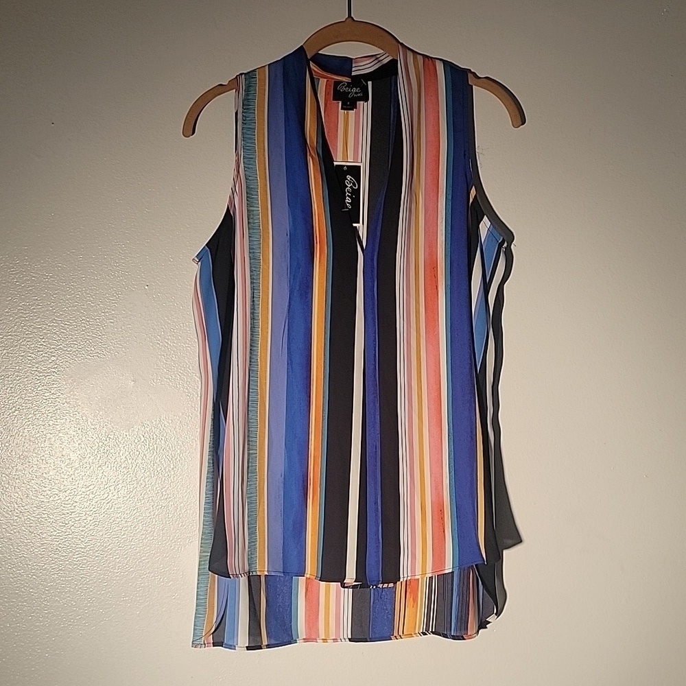 Beige by eci Striped, Split Neck, Sleeveless, Pullover Tunic Style Blouse, Sz: S